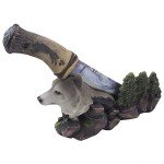 Decorative Gray Wolf Hunting Knife on Display Stand with Stainless Steel Blade for Rustic Cabin & Lodge Decor As Shelf, Mantel or Desk Decorations or Gifts for Hunters and Outdoorsmen