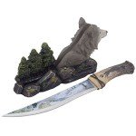 Decorative Gray Wolf Hunting Knife on Display Stand with Stainless Steel Blade for Rustic Cabin & Lodge Decor As Shelf, Mantel or Desk Decorations or Gifts for Hunters and Outdoorsmen