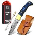 Handmade Damascus Pocket Knife for Men - 6.5 Inch Damascus Knife with Sheath - Damascus Folding Knife - Damascus Hunting Knife - Damascus Steel Pocket Knives with Back Lock for EDC, Camping, Hiking