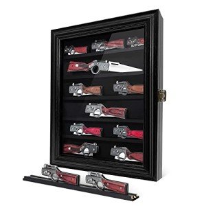 Knife Display Case, Lockable Pocket Knives Display Box Cabinet with HD Tempered Glass, 6 Rows Military Folding Knife Stand with Removable 2 Grooves Shelves for Wall Mounted and Desk Display, Black