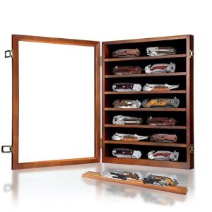 YRCKUDZKG Knife Display Case for Collections, Pocket Knife Display Case with HD Tempered Glass, Lockable Storage Cases with Removable Shelves, Wall-Mounted 7-Layer Wood Cabinet, Walnut