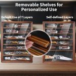 YRCKUDZKG Knife Display Case for Collections, Pocket Knife Display Case with HD Tempered Glass, Lockable Storage Cases with Removable Shelves, Wall-Mounted 7-Layer Wood Cabinet, Walnut