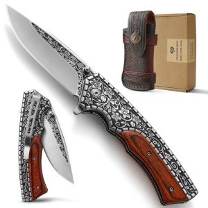 DRACHENADER X-J21 8.11" Pocket Knife Folding Knife Set, Cool knife with 3D Retro Embossing, Leather Sheath and Clip, Gift for Men, for Christmas, Birthday, Dad Gifts from Son, Daughter, Wood Handle
