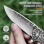 DRACHENADER X-J21 8.11" Pocket Knife Folding Knife Set, Cool knife with 3D Retro Embossing, Leather Sheath and Clip, Gift for Men, for Christmas, Birthday, Dad Gifts from Son, Daughter, Wood Handle