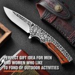 DRACHENADER X-J21 8.11" Pocket Knife Folding Knife Set, Cool knife with 3D Retro Embossing, Leather Sheath and Clip, Gift for Men, for Christmas, Birthday, Dad Gifts from Son, Daughter, Wood Handle