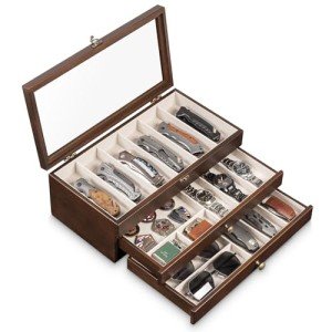Yoimori Knife Display Case for15-22 Knives, 3-Layer Pocket Knife Case with Glass Lid & Drawer, Wood Knife Cases for Collections for Men Gift Ideas (Walnut)