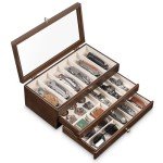 Yoimori Knife Display Case for15-22 Knives, 3-Layer Pocket Knife Case with Glass Lid & Drawer, Wood Knife Cases for Collections for Men Gift Ideas (Walnut)