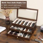 Yoimori Knife Display Case for15-22 Knives, 3-Layer Pocket Knife Case with Glass Lid & Drawer, Wood Knife Cases for Collections for Men Gift Ideas (Walnut)