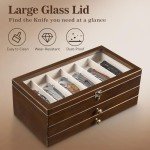 Yoimori Knife Display Case for15-22 Knives, 3-Layer Pocket Knife Case with Glass Lid & Drawer, Wood Knife Cases for Collections for Men Gift Ideas (Walnut)