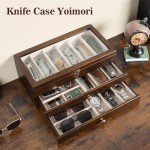 Yoimori Knife Display Case for15-22 Knives, 3-Layer Pocket Knife Case with Glass Lid & Drawer, Wood Knife Cases for Collections for Men Gift Ideas (Walnut)