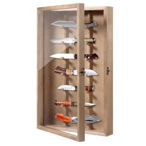 Triceratops Knife Display Case with Lockable Clear Acrylic Door, Wall Mount Wooden Knife Display Stand, Pocket Knife Display Cases for Storage, Collection, Holds up to 7 Knifes(Brown)