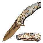 Dragon Etched Gold Folding Knife with Zinc Handle