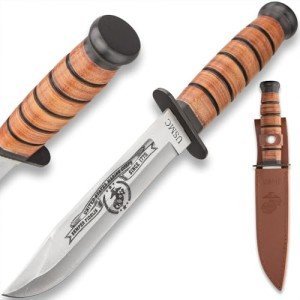 United Cutlery USMC Tribute Combat Knife with Leather Sheath | Officially Licensed | Stainless Steel Blade | Stacked Leather Handle | Perfect for Historical Knife Collectors | Overall 12 1/4”