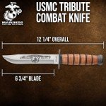 United Cutlery USMC Tribute Combat Knife with Leather Sheath | Officially Licensed | Stainless Steel Blade | Stacked Leather Handle | Perfect for Historical Knife Collectors | Overall 12 1/4”