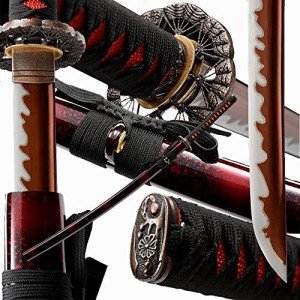 Traditional Heat/Clay Tempered Hand Forged | Real 1060/1095 T10 high Carbon Steel | Practical Authentic Japanese Samurai | Full Tang (Fans Red)