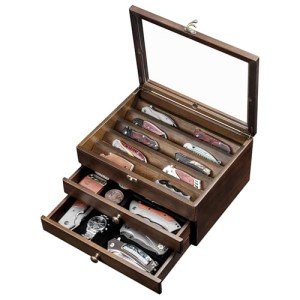 amoard Knife Display Case, Knife Collection Display Holder with Glass Lid, 2-Layer Wooden Pocket Knife Case with Drawers