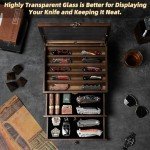 amoard Knife Display Case, Knife Collection Display Holder with Glass Lid, 2-Layer Wooden Pocket Knife Case with Drawers