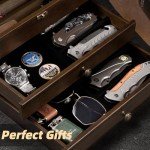 amoard Knife Display Case, Knife Collection Display Holder with Glass Lid, 2-Layer Wooden Pocket Knife Case with Drawers