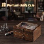 amoard Knife Display Case, Knife Collection Display Holder with Glass Lid, 2-Layer Wooden Pocket Knife Case with Drawers