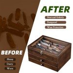 amoard Knife Display Case, Knife Collection Display Holder with Glass Lid, 2-Layer Wooden Pocket Knife Case with Drawers
