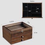 amoard Knife Display Case, Knife Collection Display Holder with Glass Lid, 2-Layer Wooden Pocket Knife Case with Drawers