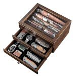 amoard Knife Display Case, Knife Collection Display Holder with Glass Lid, 2-Layer Wooden Pocket Knife Case with Drawers