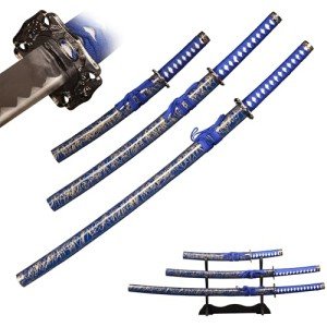 SV Pack of 3- Japanese Katana Handmade Casting Sharp 1065 Carbon Steel Katana Sword Real Blue, Gold line Texture, showcasing Sword Frame