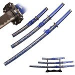 SV Pack of 3- Japanese Katana Handmade Casting Sharp 1065 Carbon Steel Katana Sword Real Blue, Gold line Texture, showcasing Sword Frame