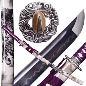 ANATAK Handmade Katana Sword,Japanese Samurai Sword by 1060 Carbon Steel/Damascus Folded Steel/T10 Steel Carbon Steel Clay Tempered,Full Tang,40.5-Inch (Silver Fish-T10)