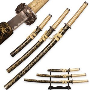 SV Pack of 3- Japanese Katana Hand Cast Sharp 1065 Carbon Steel Katana Sword Real Black, Gold Line Texture, Showcasing Sword Frame