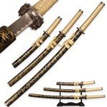 SV Pack of 3- Japanese Katana Hand Cast Sharp 1065 Carbon Steel Katana Sword Real Black, Gold Line Texture, Showcasing Sword Frame