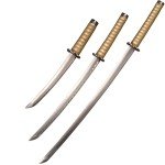 SV Pack of 3- Japanese Katana Hand Cast Sharp 1065 Carbon Steel Katana Sword Real Black, Gold Line Texture, Showcasing Sword Frame