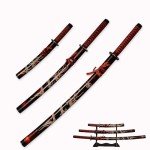 3pc Set Japanese Samurai Sword with Display Stand,Iaido Katana Engraved with Dragon Pattern On The Scabbard Carbon Steel Blade Real Sword for Display Decoration and Gift