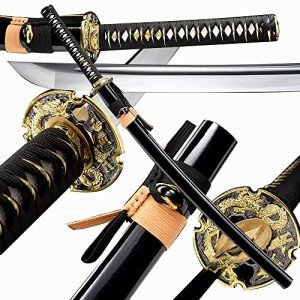 Traditional Heat/Clay Tempered Hand Forged | Real 1060/1095 T10 high Carbon Steel | Practical Authentic Japanese Samurai | Full Tang (Double Golden Dragon)