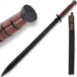 US 1942 Double-Edge Combat Sword and Nylon Shoulder Sheath - AUS-6 Stainless Steel Blade, Leather Stacked Handle, Steel Guard and End Cap, Historically Inspired Functional Collectible - Length 27 1/2”