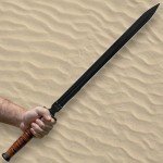 US 1942 Double-Edge Combat Sword and Nylon Shoulder Sheath - AUS-6 Stainless Steel Blade, Leather Stacked Handle, Steel Guard and End Cap, Historically Inspired Functional Collectible - Length 27 1/2”