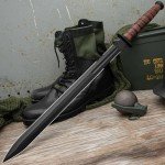 US 1942 Double-Edge Combat Sword and Nylon Shoulder Sheath - AUS-6 Stainless Steel Blade, Leather Stacked Handle, Steel Guard and End Cap, Historically Inspired Functional Collectible - Length 27 1/2”