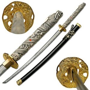 BladesUSA JL-009HM-MC Hand-Forged Samurai Sword, Carbon Steel Blade, Dragon Handle, 43" Overall,Silver