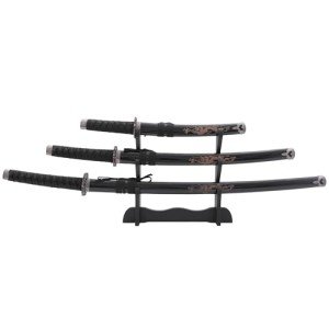 3-Piece Japanese Samurai Sword Set - Japanese Decor with Carbon Steel Katana, Wakizashi, and Tanto Swords - Martial Arts Weapons with Wood Display Stand, Sheaths, and Scabbards (Black)