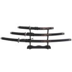 3-Piece Japanese Samurai Sword Set - Japanese Decor with Carbon Steel Katana, Wakizashi, and Tanto Swords - Martial Arts Weapons with Wood Display Stand, Sheaths, and Scabbards (Black)