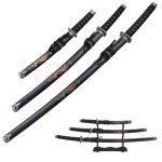 3-Piece Japanese Samurai Sword Set - Japanese Decor with Carbon Steel Katana, Wakizashi, and Tanto Swords - Martial Arts Weapons with Wood Display Stand, Sheaths, and Scabbards (Black)