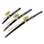 Sword Valley Kill Bill Premium Movie-Style Samurai Sword 3-Piece Set with 3-Tier Display Stand – Engraved Scabbards, Stainless Steel Blades, Waxed Cotton Handle (37.4"+30.7"+19.3")