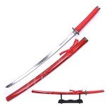 40" Japanese Samurai Sword Katana Carbon Steel Blade Dragon Engraved Wooden Sheath w/Stand - Red