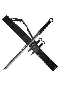 Fantasy Master – 28-inch Black Satin Finish Stainless Steel Sword with Tanto Blade and Set of 2 Throwing Knives, Full Tang Construction, Includes Nylon Sheath, Fantasy, Swords, Collectible – FM-644T