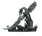 Wicked Fire Dragon Fantasy Letter Opener Knife Dagger and Holder Base,Polyresin