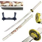 Bishamon 42 1/2" Samurai Sword Carbon Blade Dragon Scabbard Comes with a Wooden Stand (White)