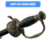 SZCO 35" Swept Hilt Rapier Sword – Stainless Steel Mirror-Finish Blade with Antique D-Guard, Wire Wrapped Handle & Decorative Scabbard for LARP, Cosplay, Display & Collectors