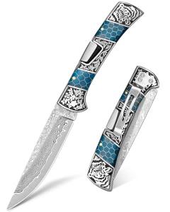 NedFoss SMILODON Damascus Pocket Knife for Men, 4" Back Lock Folding Knife, Luminous Resin and Engraved 3D Tiger Relief Handle, Pocket Clip, Cool Knives Personalized Gift for Collection