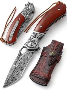 DRACHENADER Damascus Steel Folding Pocket Knife with VG10 Core, Wooden Handle & Leather Sheath, Outdoor Knife and Gift for Collectors, Knife Lovers, and Enthusiasts
