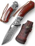 DRACHENADER Damascus Steel Folding Pocket Knife with VG10 Core, Wooden Handle & Leather Sheath, Outdoor Knife and Gift for Collectors, Knife Lovers, and Enthusiasts
